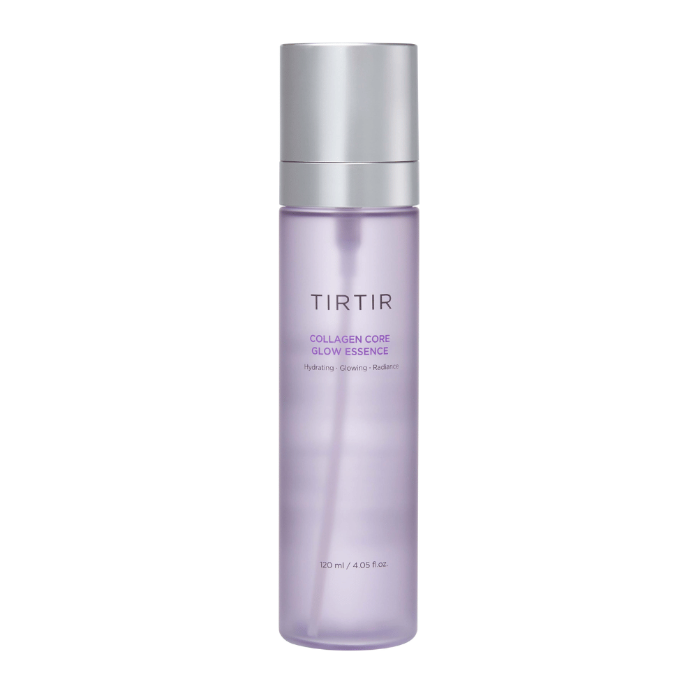 Imagem do produto em TIRTIR Collagen Core Glow Essence – uma essência iluminadora em uma garrafa roxa elegante que hidrata e melhora a elasticidade da pele.