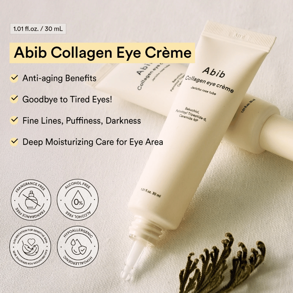 Abib Collagen Eye Crème com texto sobre anti-envelhecimento e hidratação intensiva para a área dos olhos. Livre de álcool, perfume e hipoalergénico.