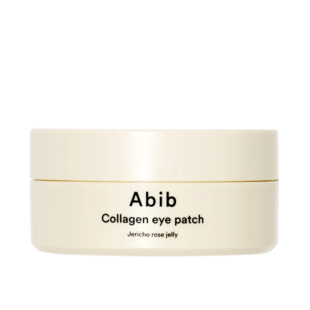 Embalagem de Abib Collagen Eye Patch Jericho Rose Jelly – um frasco bege com texto preto, projetado para cuidar da área sob os olhos com colágeno e ingredientes hidratantes.