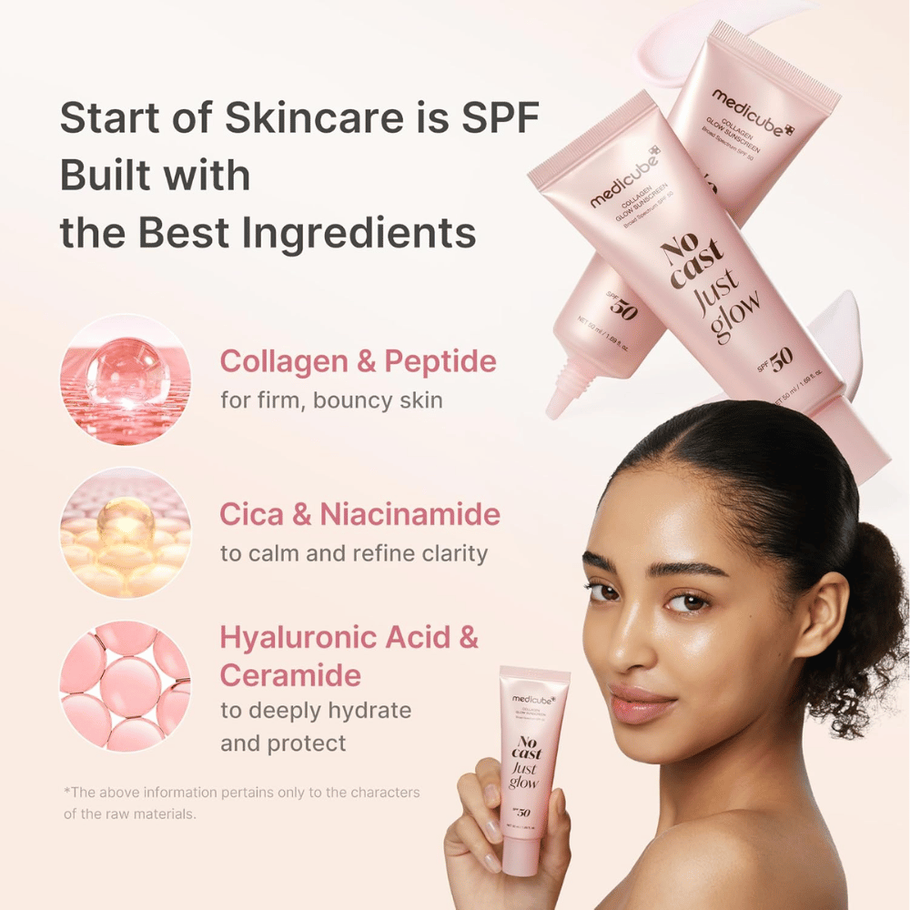 Medicube Protetor Solar Collagen Glow SPF 50 com colagénio, péptidos, niacinamida e ácido hialurónico. Modelo segura o tubo rosa de protetor solar.