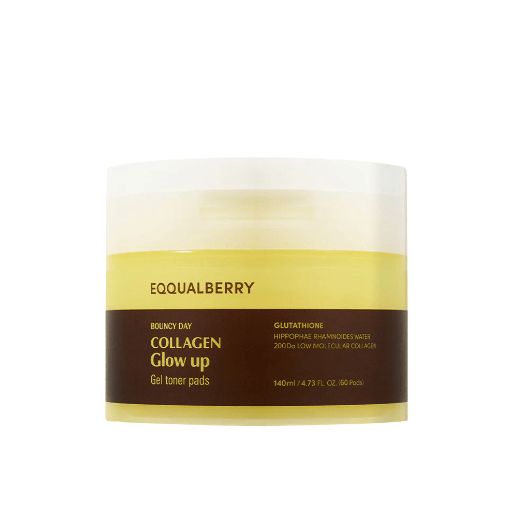 Bouncy Day Collagen Glow Up Gel Toner Pads, contendo colágeno de baixa molécula e glutationa, para melhorar a elasticidade da pele e dar um brilho juvenil. Embalagem com 60 almofadas.