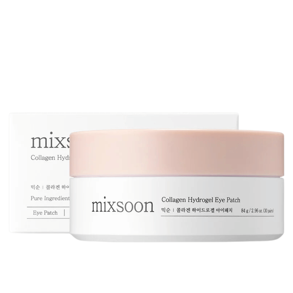Imagem de Mixsoon Collagen Hydrogel Eye Patch, mostrando um pote com tampa rosa e base branca. O pote contém 84 g (30 pares) de adesivos para os olhos. A caixa é elegante e transmite uma sensação de cuidados com a pele luxuosos. O produto é projetado para fornecer hidratação e nutrição à pele sob os olhos.