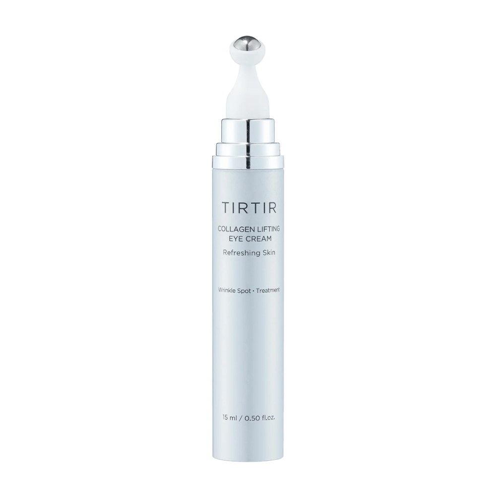 Tubo com TIRTIR Collagen Lifting Eye Cream contra um fundo limpo, projetado para cuidados de pele revigorantes.