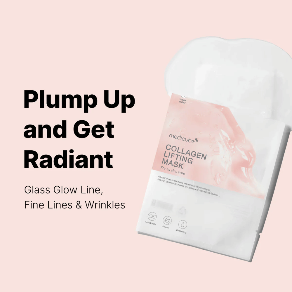 A embalagem da "Medicube Collagen Lifting Mask," uma máscara facial focada em preencher a pele e dar um visual radiante. O produto é direcionado para todos os tipos de pele e é projetado para combater linhas finas e rugas. O texto "Plump Up and Get Radiant" destaca as características da máscara, enquanto os elementos gráficos proporcionam uma apresentação moderna e atraente.