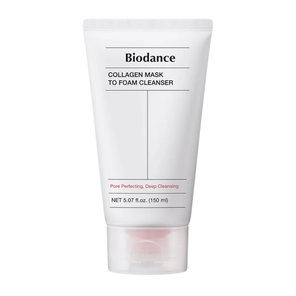 Imagem do produto em Biodance Collagen Mask to Foam Cleanser em tubo branco com texto preto e detalhes rosa. Contém 150 ml e é comercializado como limpador profundo e melhorador de poros.