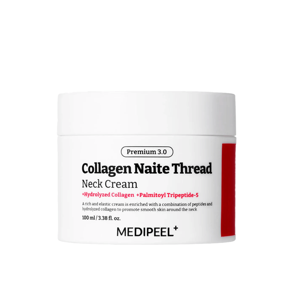 MEDIPEEL Collagen Naite Thread Neck Cream Premium 3.0 100 ml – creme coreano para o pescoço com colágeno e Palmitoyl Tripeptide-5 para firmeza, anti-idade e melhora da estrutura da pele.