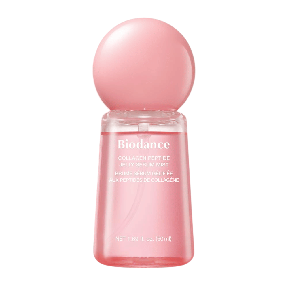 Biodance Collagen Peptide Jelly Serum Mist 50 ml – bruma facial rosa e sérum com colagénio e péptidos para hidratação e luminosidade.