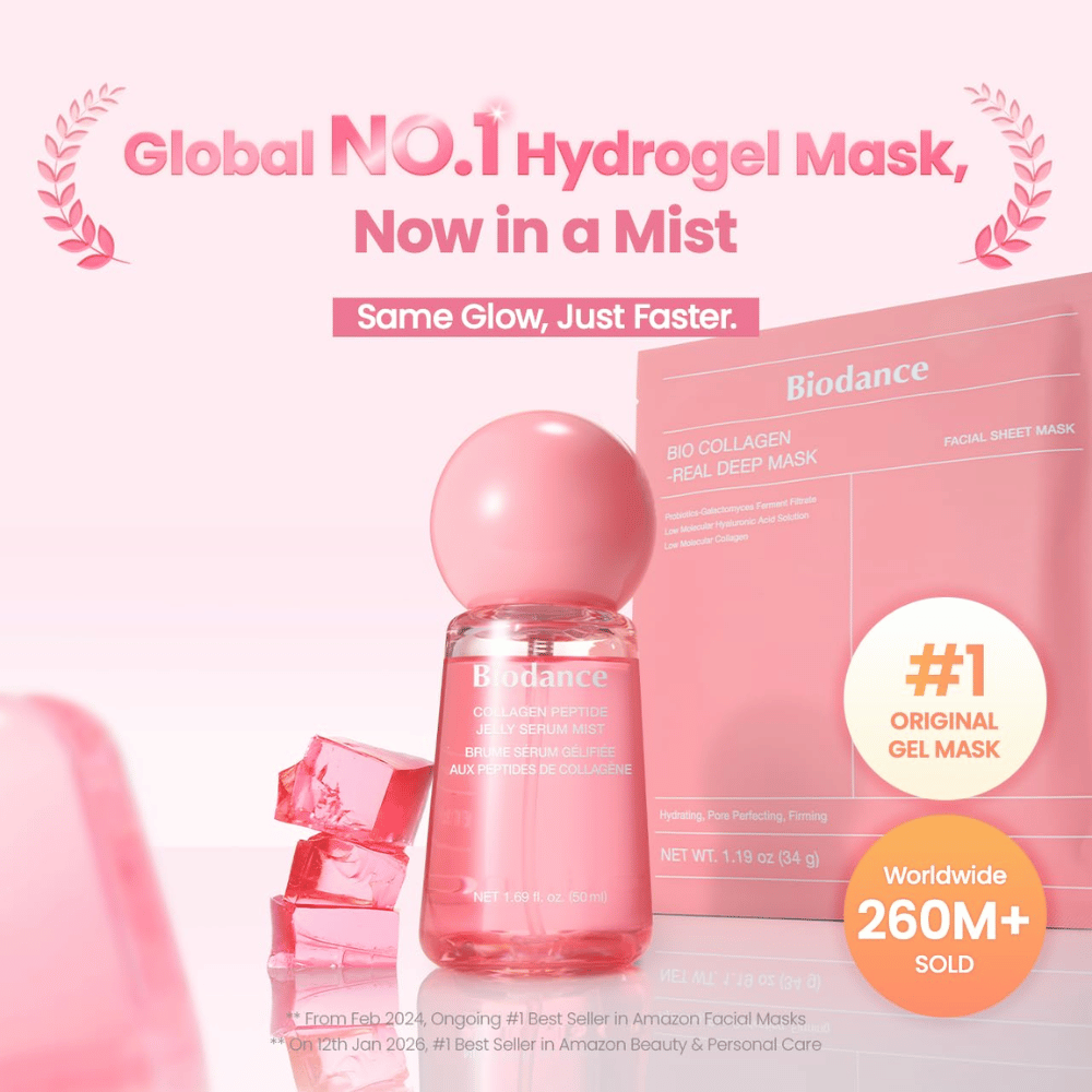 Biodance Collagen Peptide Jelly Serum Mist juntamente com Biodance Bio-Collagen Real Deep Mask – cuidados de pele inspirados em hidrogel para glow e hidratação.