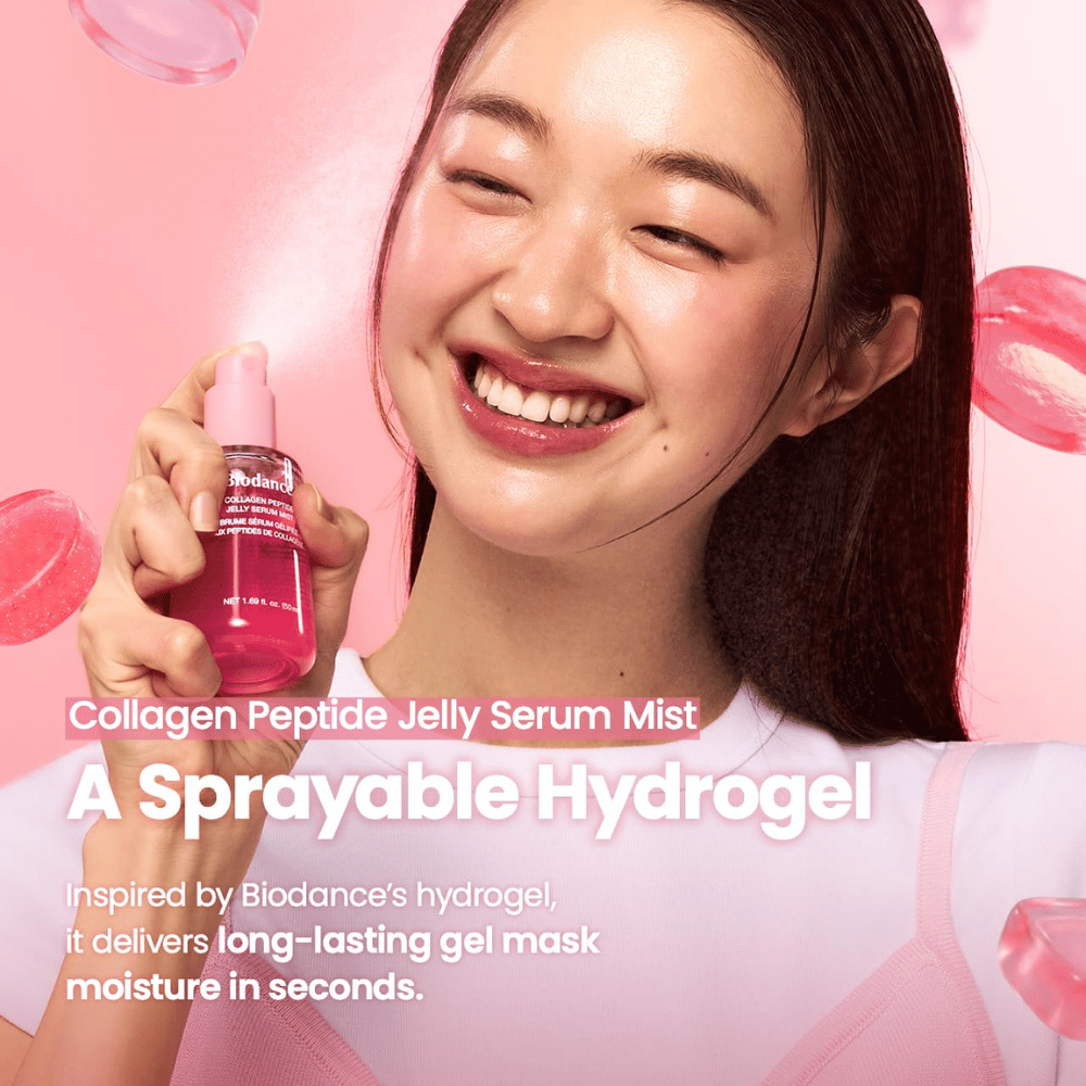 Biodance Collagen Peptide Jelly Serum Mist – bruma facial em spray inspirada em hidrogel para hidratação rápida e duradoura.