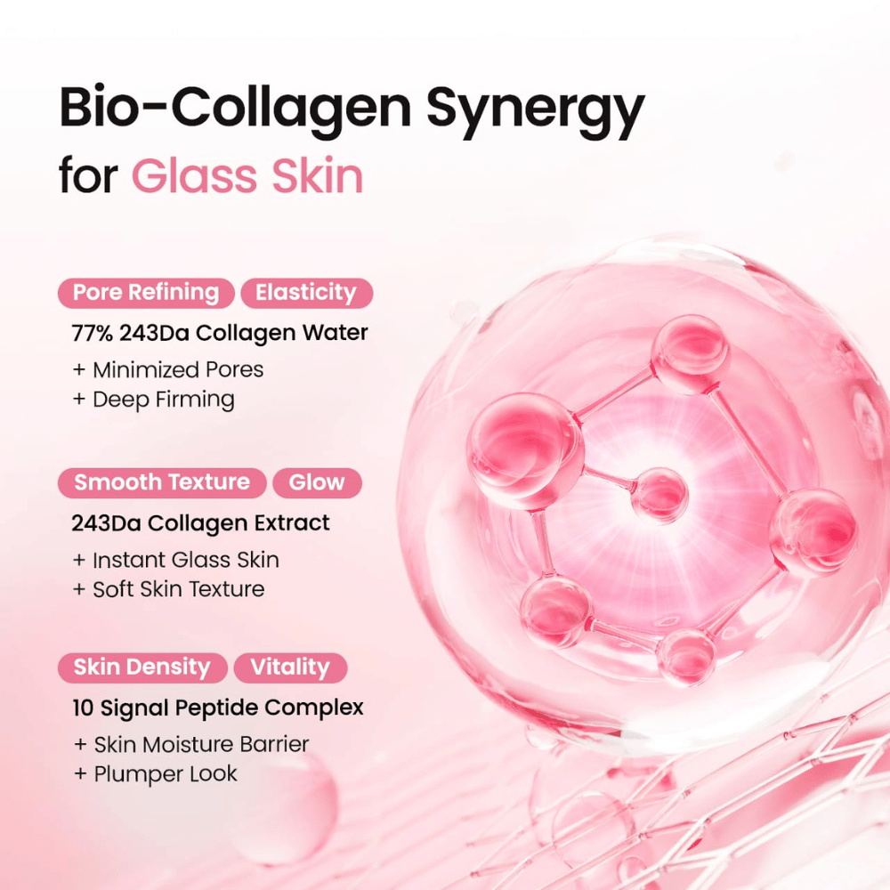 Biodance Collagen Peptide Jelly Serum Mist com 77% de água de colagénio, extrato de colagénio e complexo de péptidos para luminosidade, firmeza e hidratação.