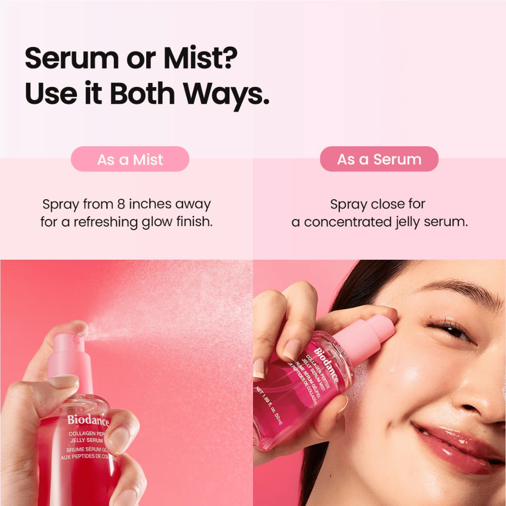 Biodance Collagen Peptide Jelly Serum Mist pode ser usado tanto como bruma facial como sérum para hidratação e um acabamento fresco e luminoso.