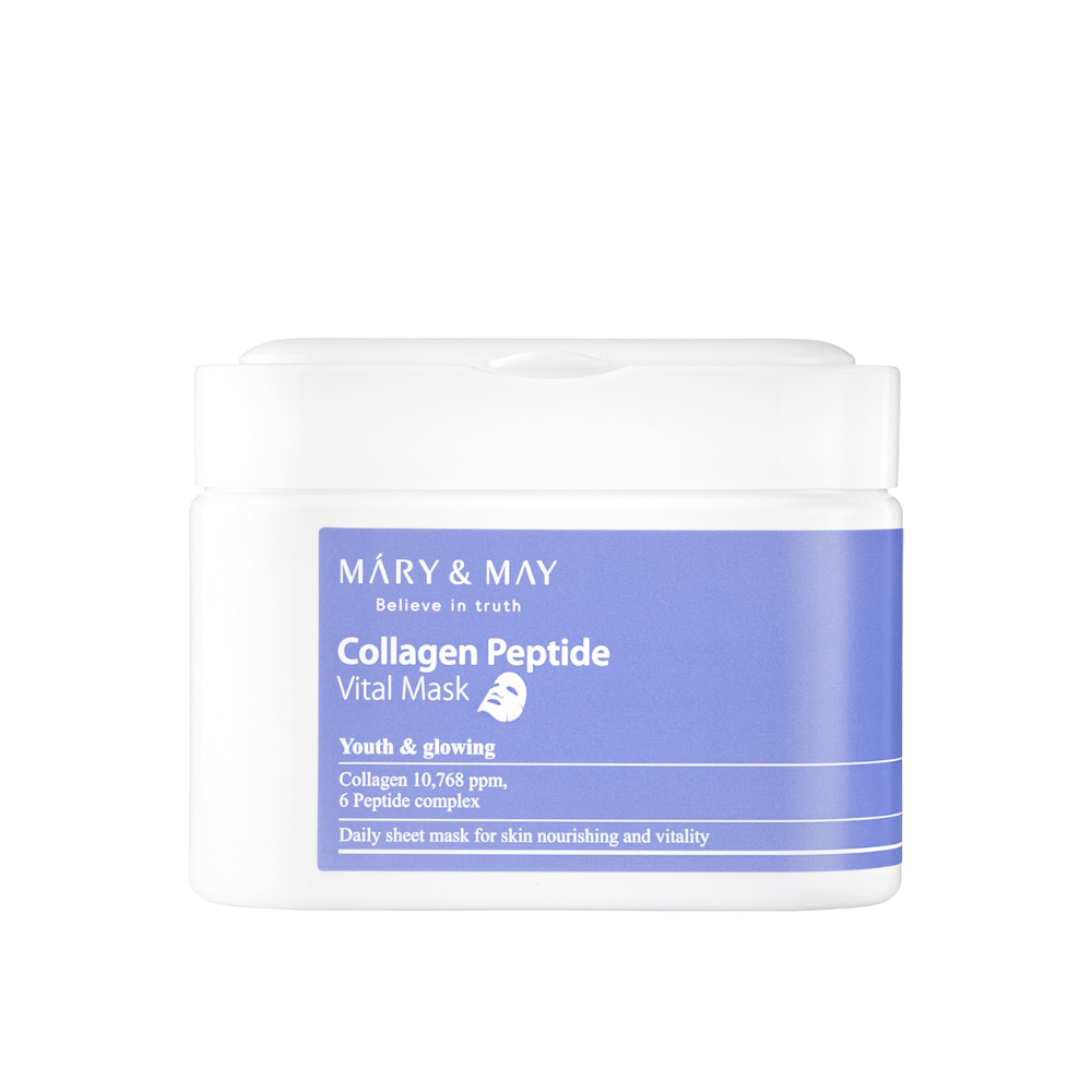 Collagen Peptide Vital Mask" da MARY & MAY em um frasco branco e lilás. O produto contém 10,768 ppm de colágeno e um complexo de peptídeos para nutrir e dar brilho à pele. Esta máscara facial diária é projetada para proporcionar uma pele jovem e radiante.