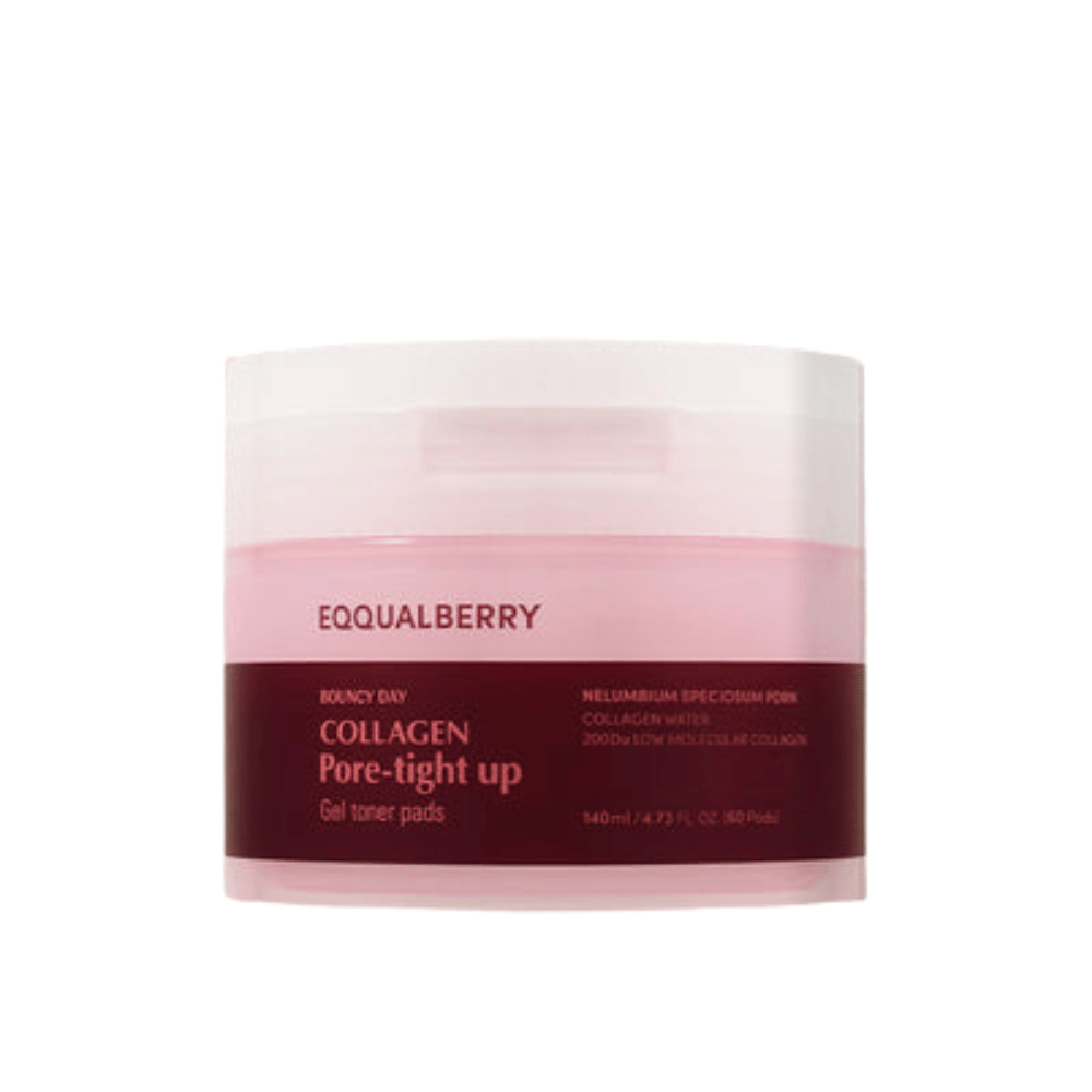 Um frasco de Bouncy Day Collagen Pore-Tight Up Gel Toner Pads. O frasco é rosa e vermelho, e contém 140 ml de produto que ajuda a firmar a pele e reduzir o tamanho dos poros.