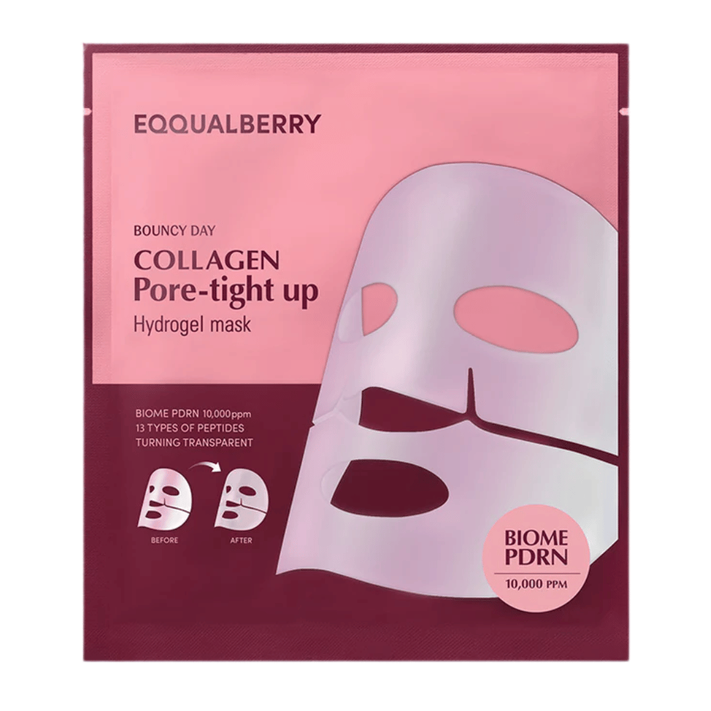 A embalagem para Collagen Pore-tight Up Hydrogel Mask, uma máscara facial com biome PDRN e 13 tipos de peptídeos, aparece em uma embalagem rosa com imagens de antes e depois dos efeitos da máscara.