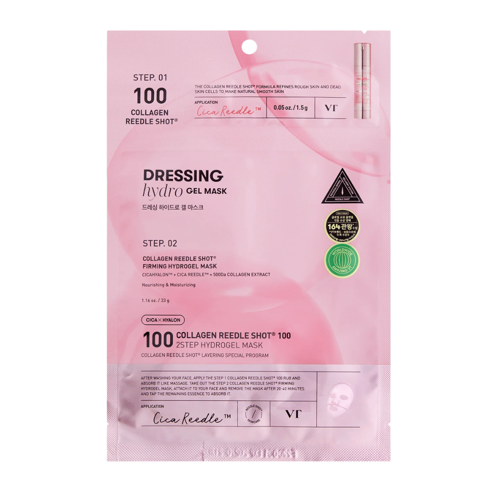 Embalagem do VT Collagen Reedle Shot 100 2-Step Hydrogel Mask em design rosa. Mostra o passo 1 com Cica Reedle™ e o passo 2 com máscara de hidrogel firmadora contendo CICAHYALON™ e extrato de colágeno 500Da.