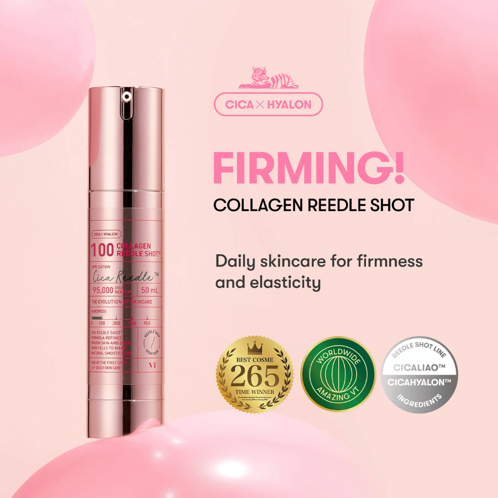 VT Collagen Reedle Shot 100 – sérum premiado Cica x Hyalon para firmeza, hidratação e efeito anti-idade.