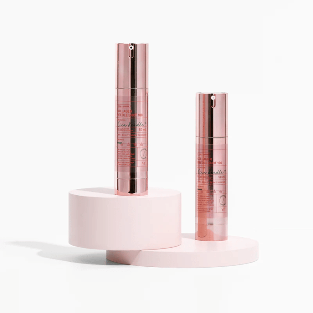 Duas garrafas VT Collagen Reedle Shot 100 em design rosa. Sérum reafirmante com Cica e colágeno.