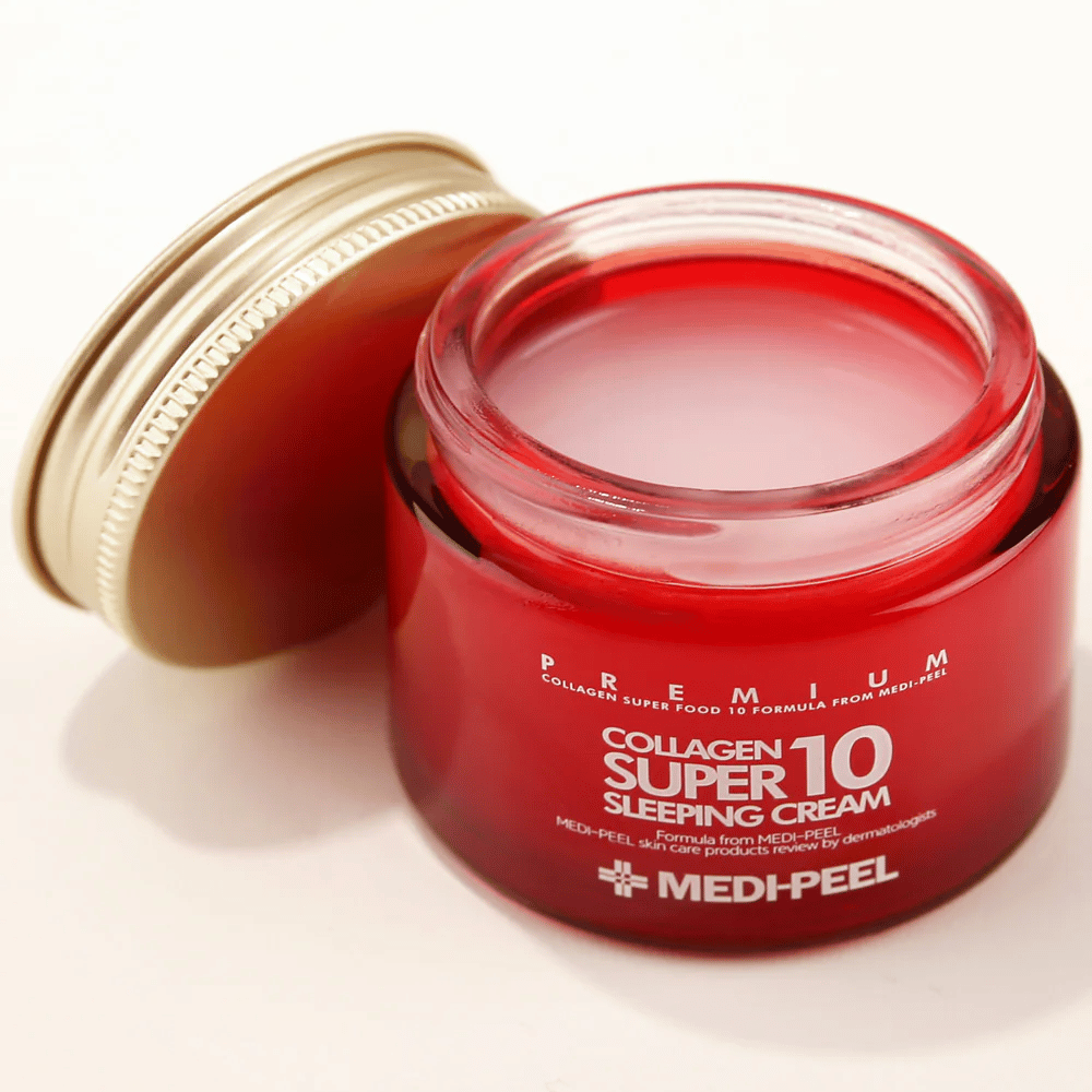 Close-up do MEDI-PEEL Collagen Super 10 Sleeping Cream com textura de gel-creme que é absorvida durante a noite e proporciona hidratação intensa.