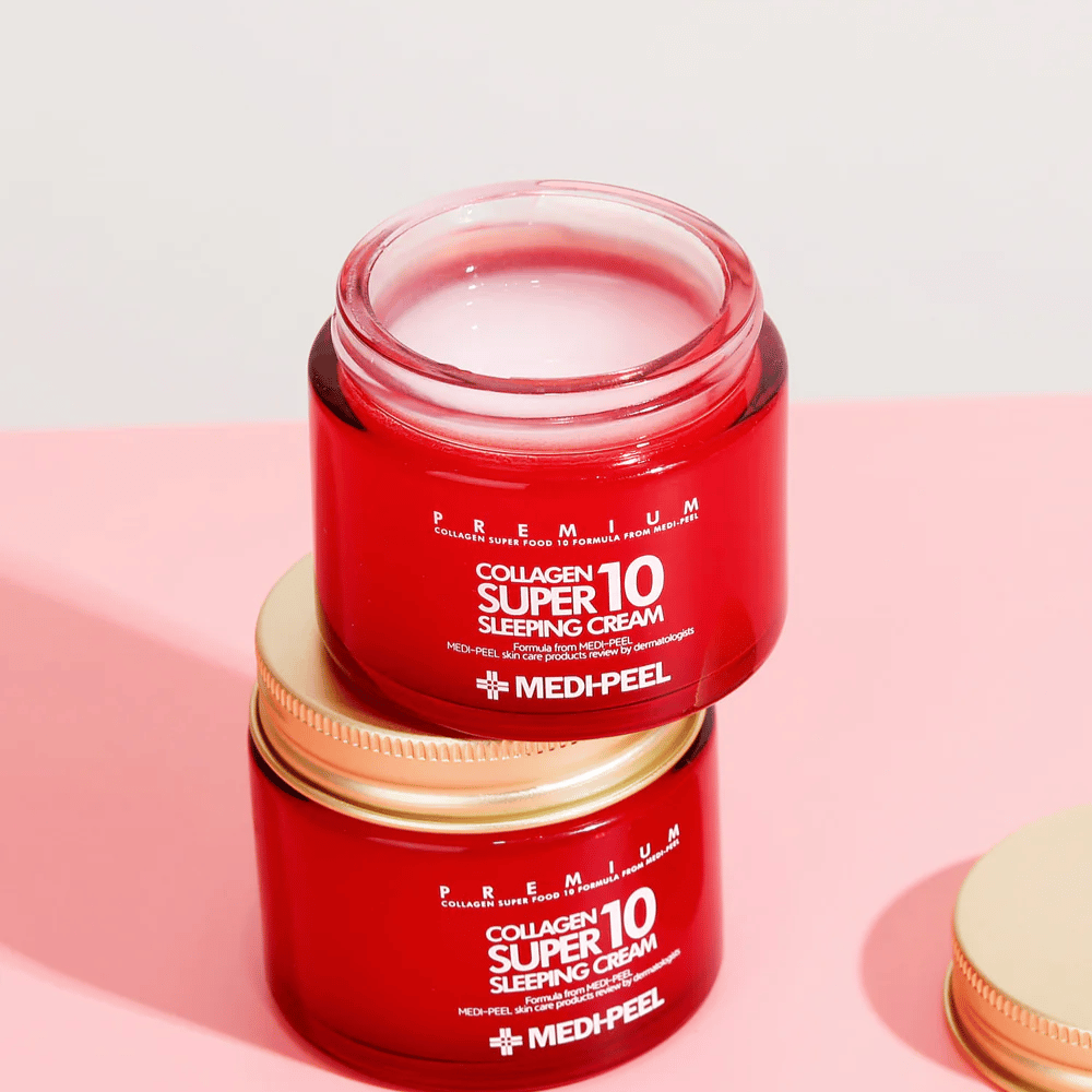 MEDI-PEEL Collagen Super 10 Sleeping Cream em embalagem premium – creme de dormir intensamente hidratante com colágeno para uma pele mais firme e suave.