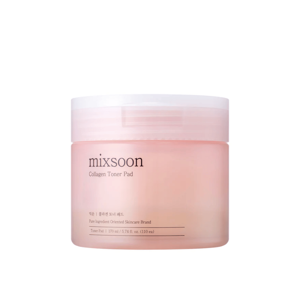 Mixsoon Collagen Toner Pad em um elegante pote rosa com 110 discos – toner hidratante para cuidados diários com a pele.
