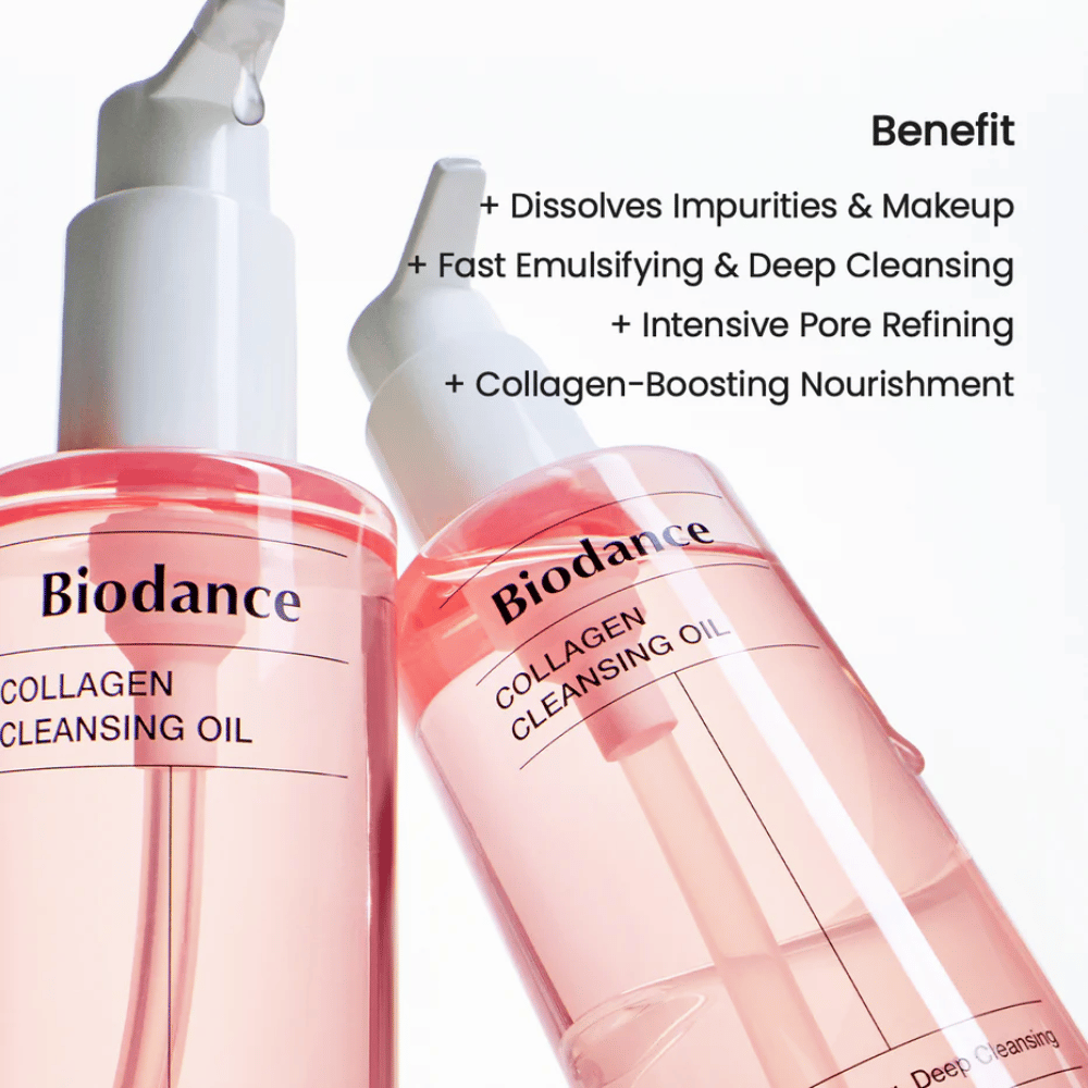 Duas garrafas de Biodance Collagen Cleansing Oil com líquido de tom rosa e bomba branca, dispostas contra um fundo claro. O texto lista benefícios como limpeza profunda, remoção de maquiagem e apoio ao colágeno.