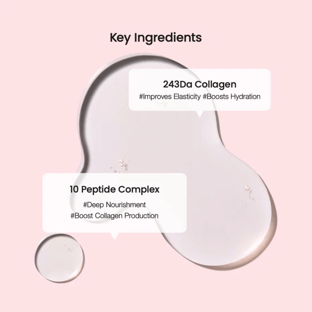 Close-up de ingredientes chave em um produto de cuidados com a pele, com gotas transparentes em fundo rosa. O texto mostra 243Da Collagen e 10 Peptide Complex com benefícios como aumento da elasticidade e nutrição profunda.