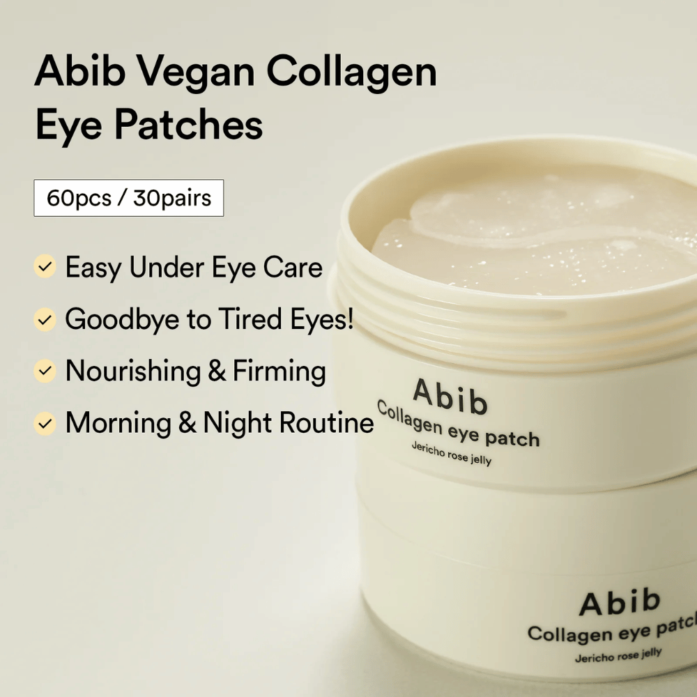 Abib Collagen Eye Patch Jericho Rose Jelly em um frasco aberto com patches para os olhos visíveis. O texto descreve benefícios como cuidado fácil para olhos cansados, efeito reafirmante e uso de manhã e à noite. 60 unid / 30 pares.