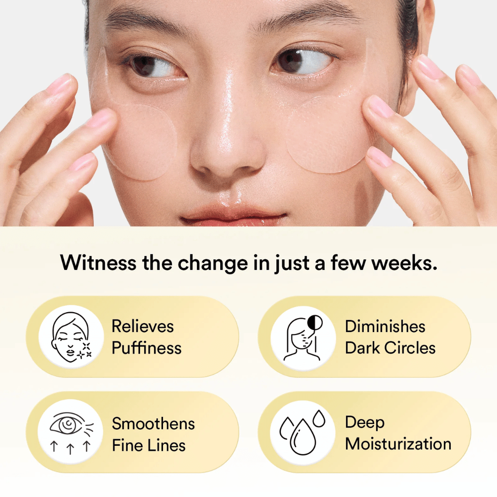 Close-up de mulher aplicando Abib Collagen Eye Patch Jericho Rose Jelly sob os olhos. Ícones e texto mostram os efeitos do produto: reduz inchaço, atenua olheiras, suaviza linhas finas e hidrata profundamente.