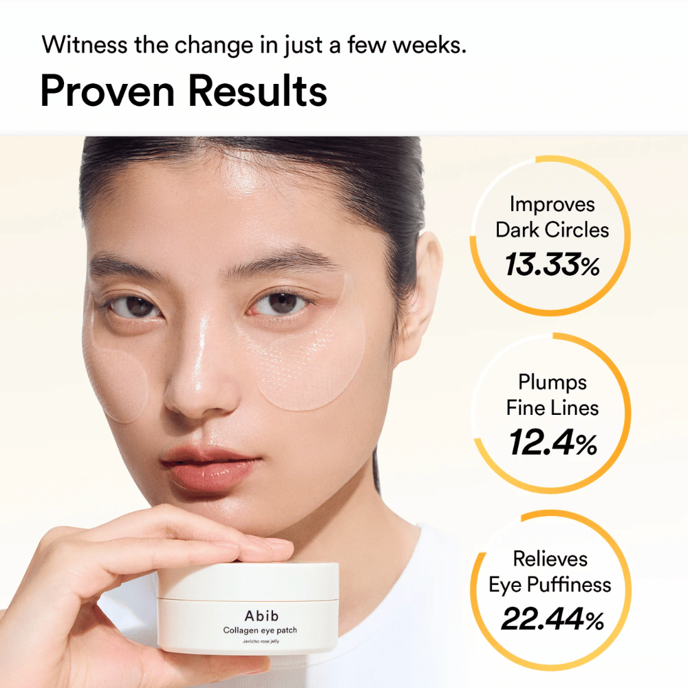 Mulher com patches transparentes para os olhos da Abib - Collagen Eye Patch Jericho Rose Jelly sob os olhos, segurando o frasco do produto na mão. Gráfico mostra melhorias: olheiras (-13,33%), linhas finas (-12,4%) e inchaço (-22,44%).