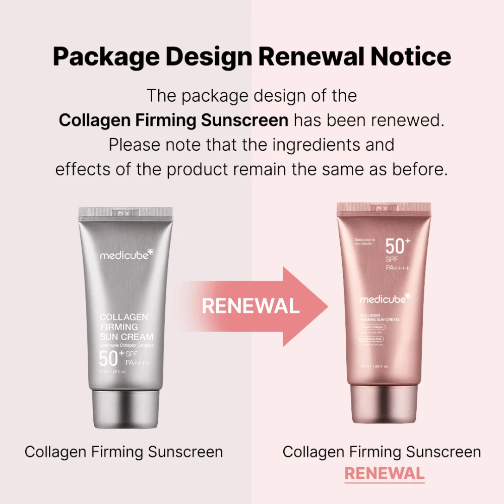 Medicube Collagen Firming Sunscreen tem um novo design de embalagem – de tubo prateado para rosa dourado, com os mesmos ingredientes e efeitos de antes.