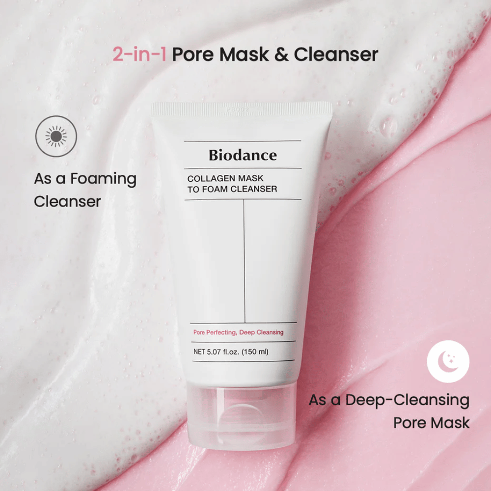 Imagem de Biodance Collagen Mask to Foam Cleanser colocada sobre uma textura de limpeza rosa e branca. O produto é descrito como uma máscara purificadora de poros 2 em 1 e limpeza espumante.