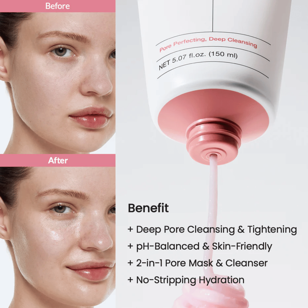 Imagens de antes e depois da pele de uma mulher com brilho melhorado, além de limpeza rosa sendo despejada do tubo. O texto lista benefícios como limpeza profunda dos poros, fórmula balanceada em pH, máscara e limpeza 2 em 1, além de efeito hidratante.