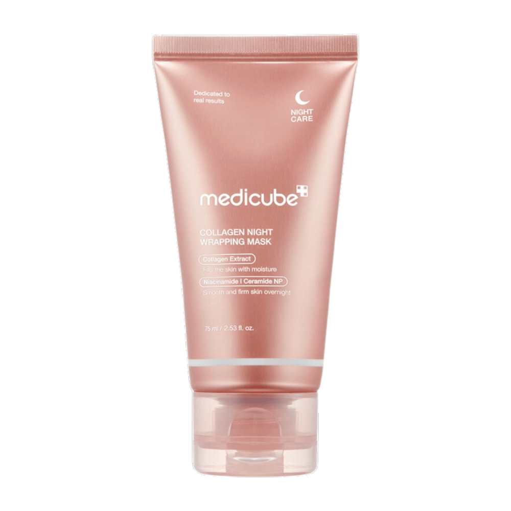 Medicube Collagen Night Wrapping Mask, uma máscara noturna com extrato de colágeno que hidrata e fortalece a pele durante a noite. Contém niacinamida e ceramida NP para uma pele mais uniforme e firme. Conteúdo: 75 ml.