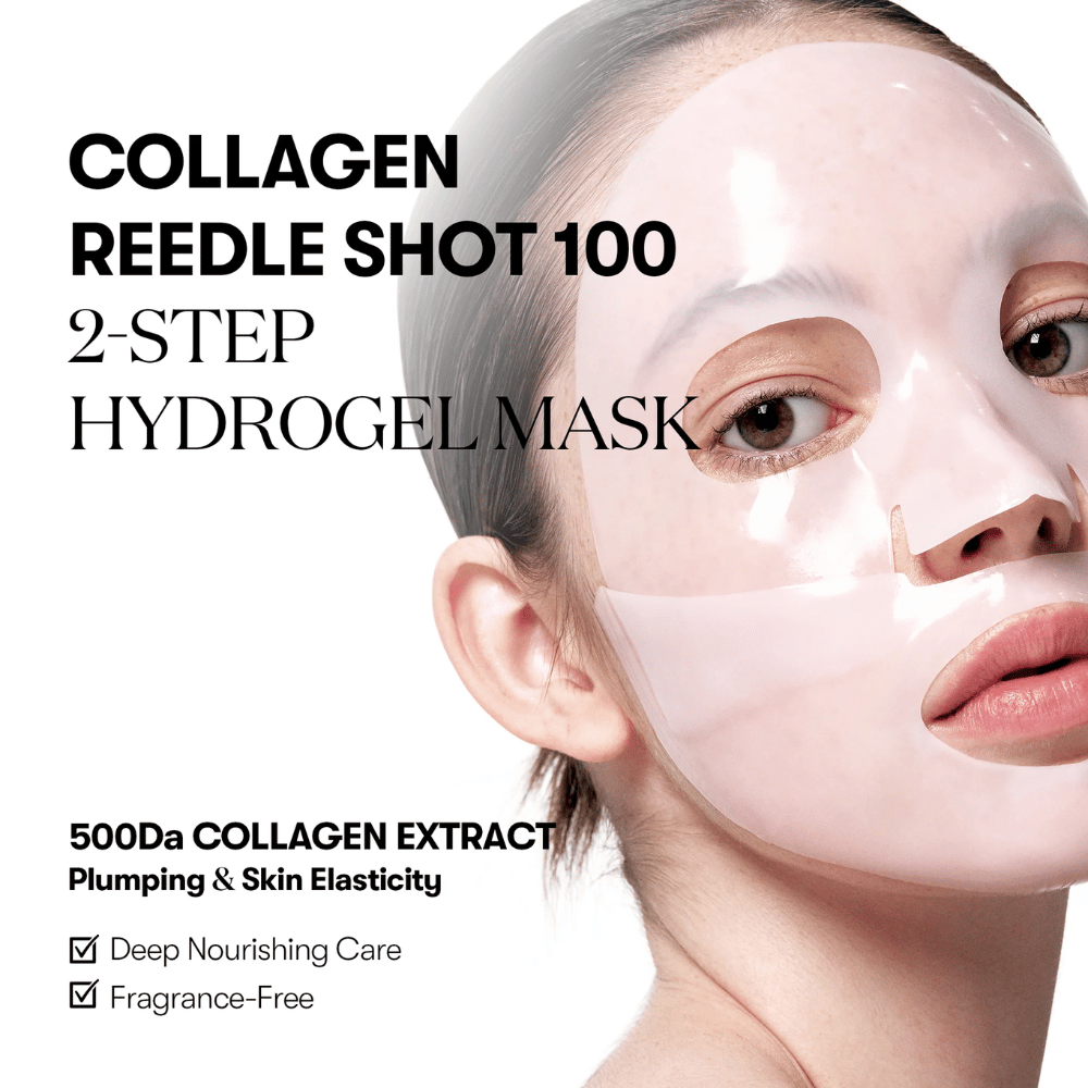 Close-up de uma mulher usando uma máscara de hidrogel de 2 etapas transparente. Texto na imagem promove "Collagen Reedle Shot 100" com extrato de colágeno 500Da para a elasticidade da pele, além de ser um produto sem fragrância e fornecer nutrição profunda.