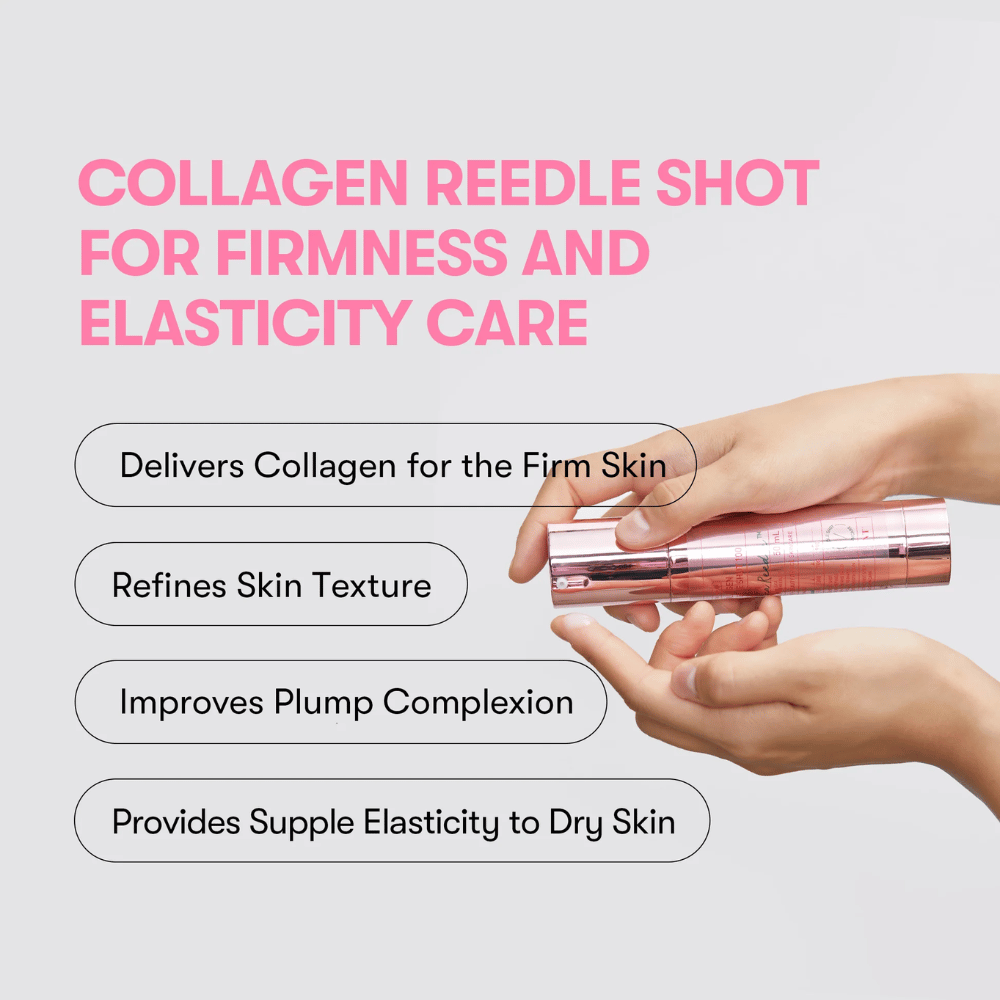 Pessoa segurando VT Collagen Reedle Shot 100. O sérum fortalece a firmeza da pele, melhora a textura e proporciona elasticidade preenchida.