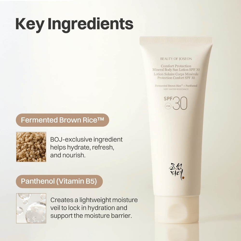 Beauty of Joseon Comfort Protection Mineral Body Sun Lotion SPF30 com arroz integral fermentado e pantenol