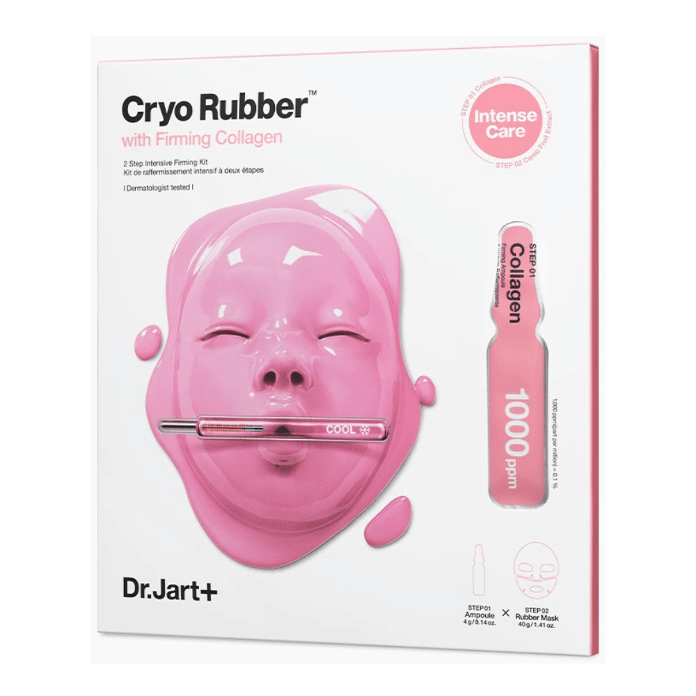 Uma imagem do produto Cryo Rubber™ com Firming Collagen de Dr.Jart+, mostrando uma máscara facial rosa e descrição do conteúdo.