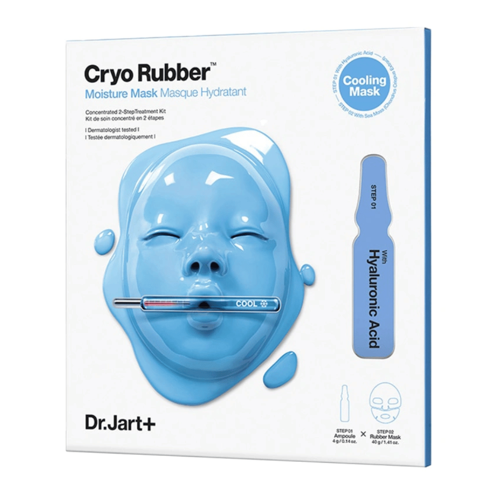 Embalagem de Dr.Jart+ Cryo Rubber Moisture Mask com máscara em forma de rosto azul e uma ampola de ácido hialurônico, marcada como "Máscara Refrescante" e guia de uso passo a passo.