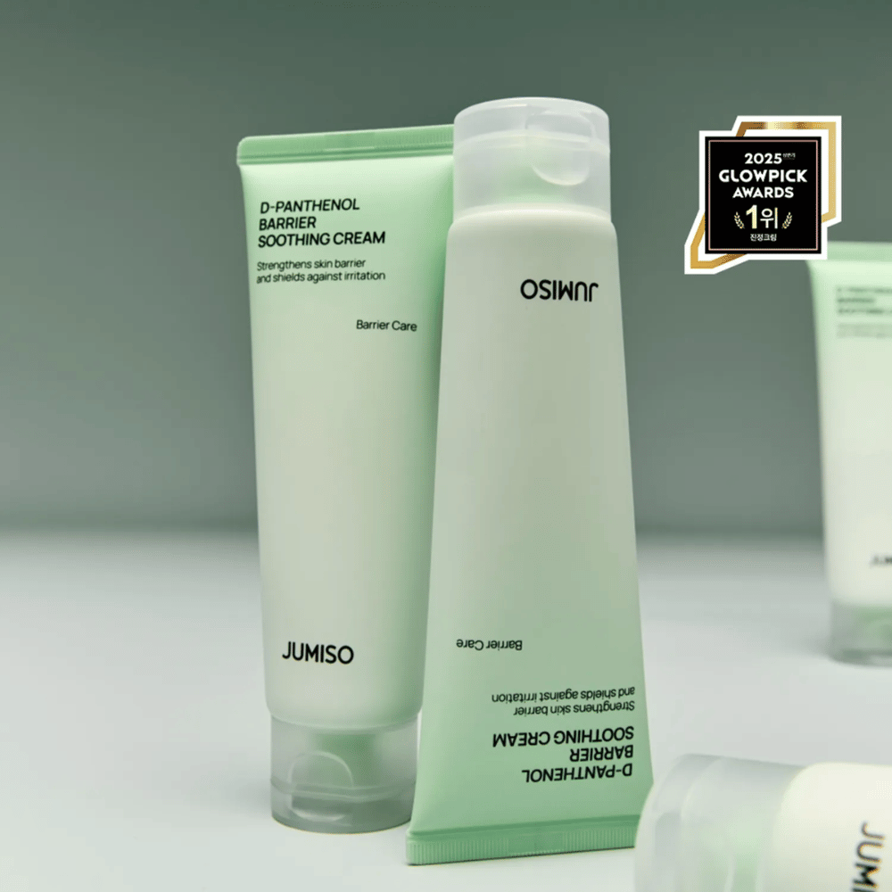 Jumiso D-Panthenol Barrier Soothing Cream em tubo com tampa, fotografado de lado com o logotipo do Glowpick Awards 2025.