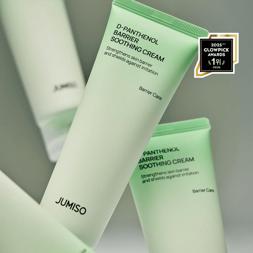 Close-up de Jumiso D-Panthenol Barrier Soothing Cream em tubo verde, vencedor do Glowpick Awards 2025.