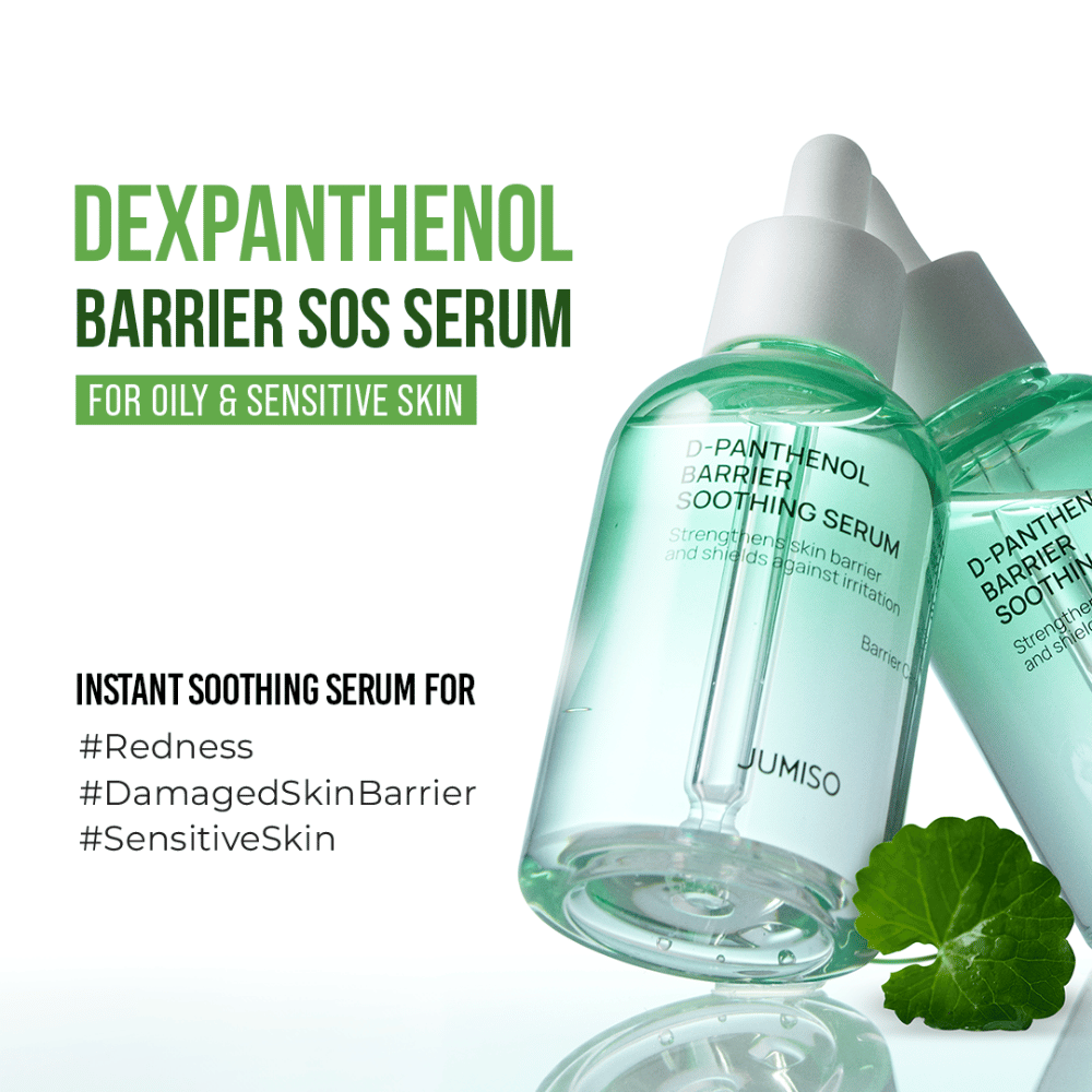 Imagem do produto de Jumiso D-Panthenol Barrier Soothing Serum com texto sobre efeito SOS para pele sensível, vermelhidão e barreira cutânea danificada.