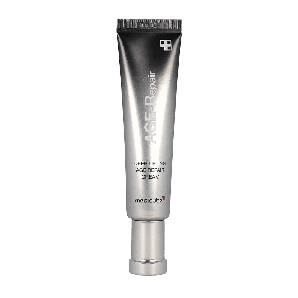 Imagem do produto de Medicube Deep Lifting Age Repair Cream em tubo prateado contra fundo branco.