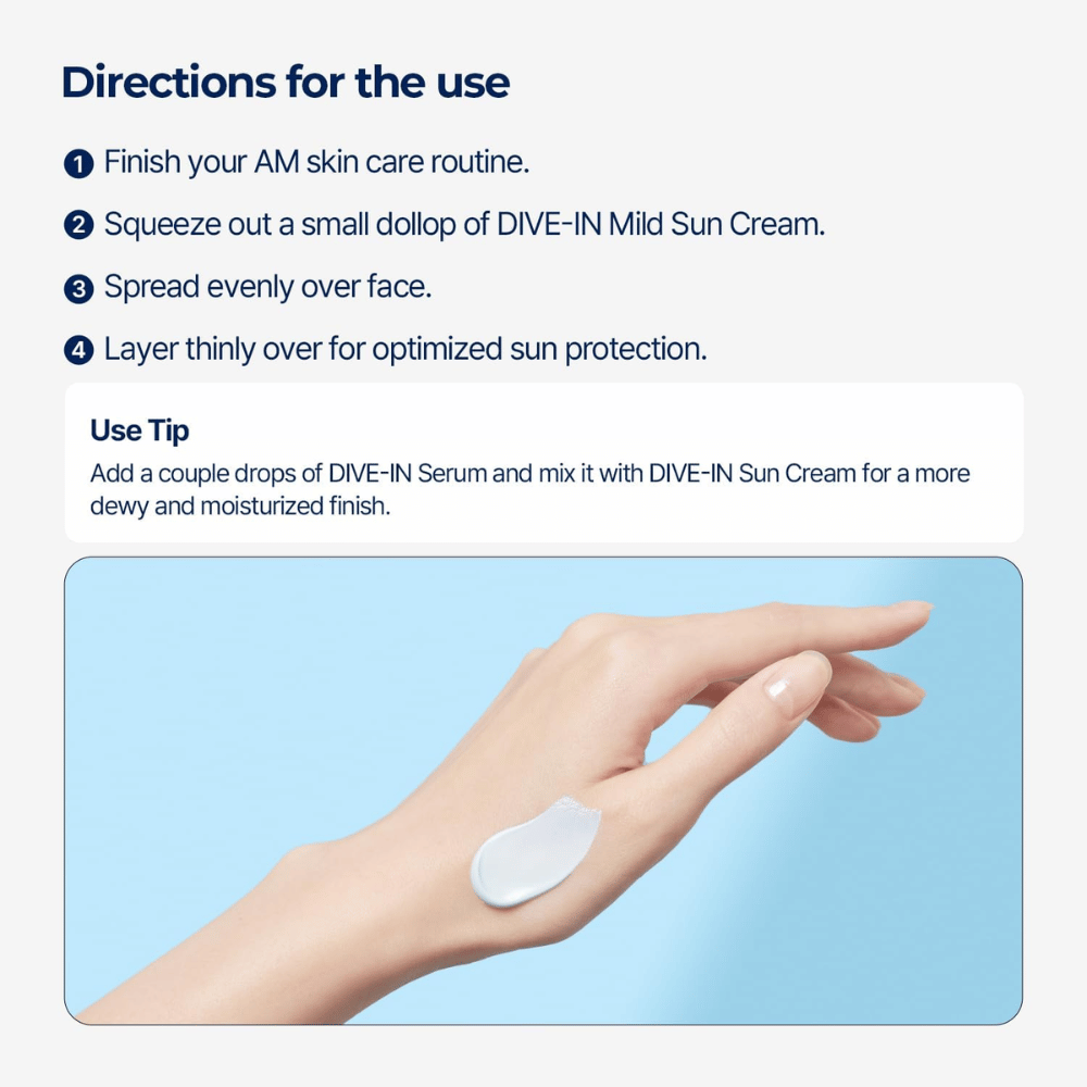 Imagem de instruções que mostra como o produto é utilizado passo a passo. Sob o texto, vê-se uma mão com uma porção de protetor solar no dorso, sobre um fundo azul-claro.
