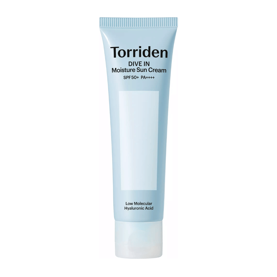 Torriden DIVE-IN Moisture Sun Cream SPF50+ PA++++ imagem do produto sobre fundo branco com ácido hialurónico de baixo peso molecular para hidratação intensa e proteção UV.