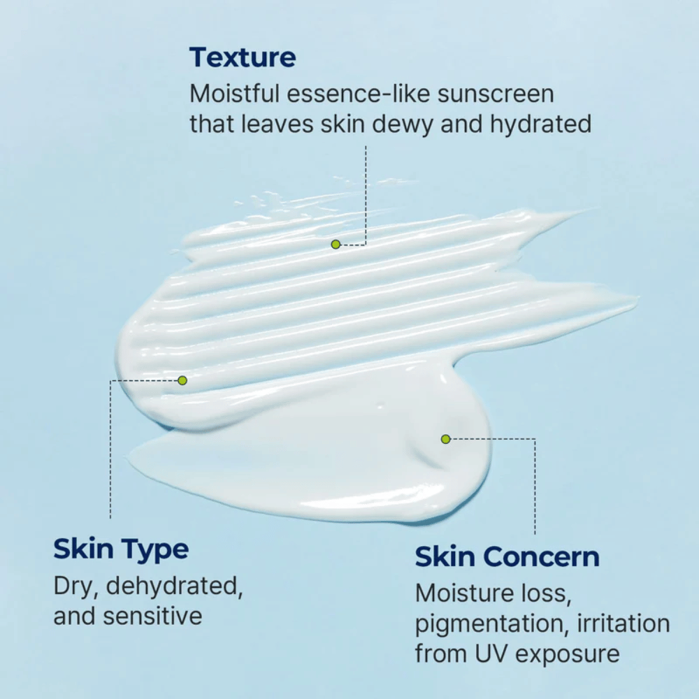 Torriden A textura semelhante a essência do DIVE-IN Moisture Sun Cream é apresentada com foco na hidratação para pele seca, sensível e desidratada.