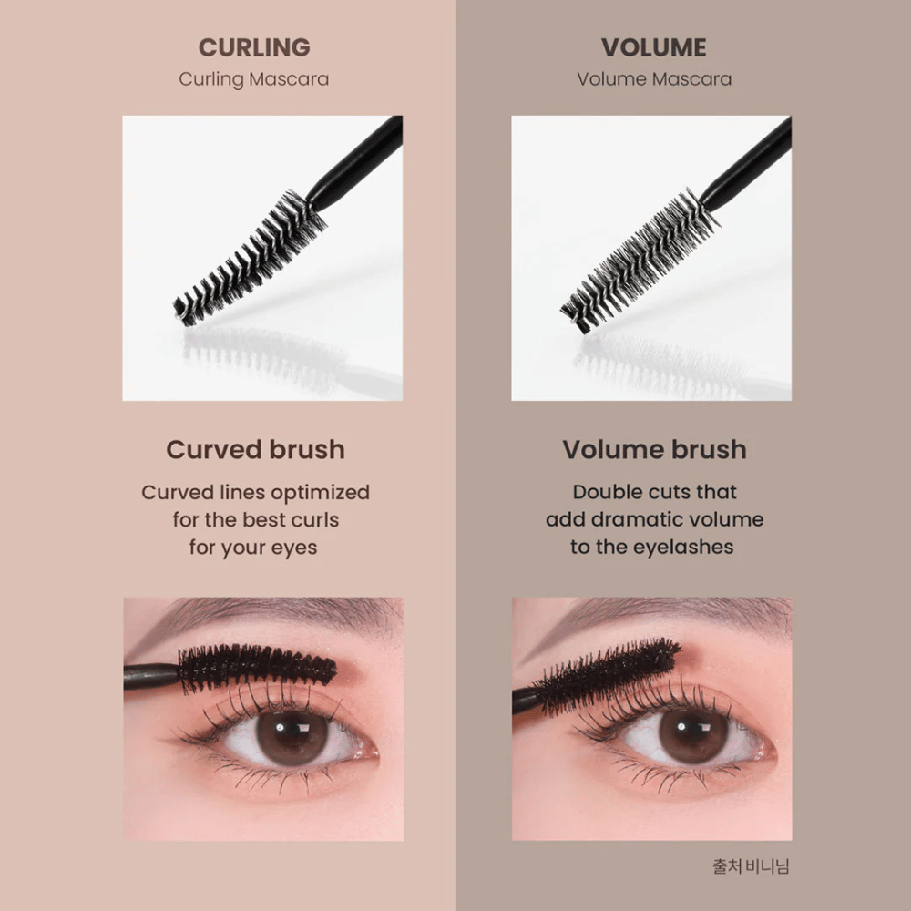 Comparação entre Heimish Dailism Smudge Stop Mascara Curling e Volume que mostra a diferença entre cílios curvados e volume intenso.