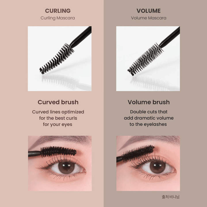 Comparação entre Heimish Dailism Smudge Stop Mascara Curling e Volume que mostra a diferença entre cílios curvados e volume intenso.