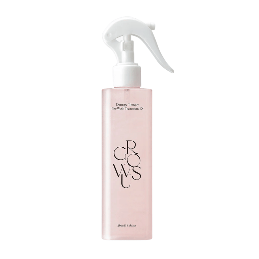 Imagem de produto recortada de GROWUS Damage Therapy No-Wash Treatment EX em frasco spray rosa com fórmula leave-in para hidratação e cuidado do cabelo danificado.