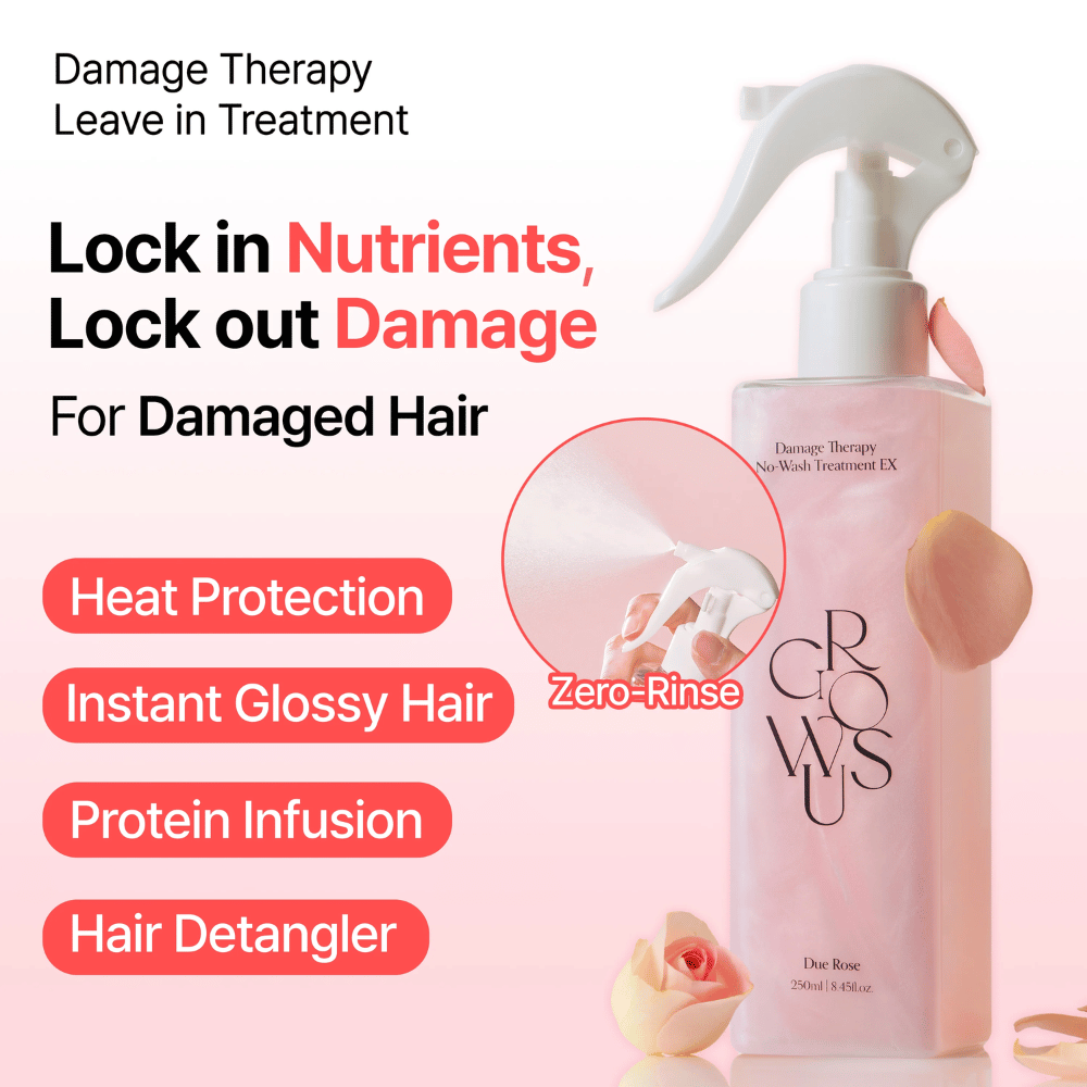 Imagem de campanha para GROWUS Damage Therapy No-Wash Treatment EX com foco em proteção térmica, brilho, cuidado proteico e efeito desembaraçante para cabelo danificado e seco.