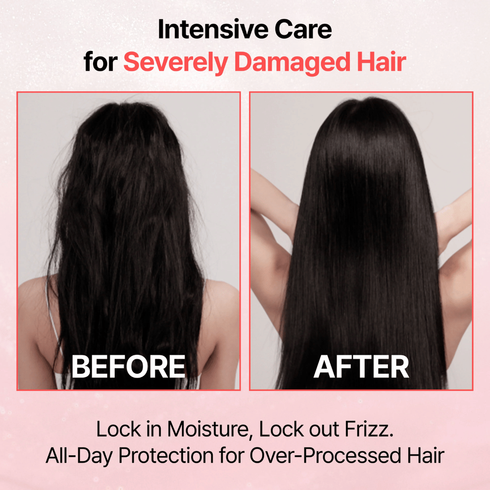 Imagem de antes e depois que mostra o resultado de GROWUS Damage Therapy No-Wash Treatment EX com cabelo mais liso, brilhante e menos frisado após a utilização.